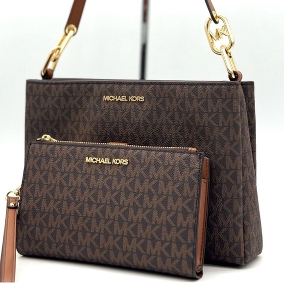 Michael Kors Trisha MD Triple Compartment Bag & Double Zip Wallet Set Brown - Picture 1 of 13